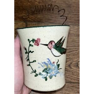 Pottery Vase Planter Wire Coil Handle Painted Hummingbird Flower Miller Mud Mill